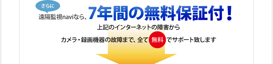 さらに遠隔監視naviなら、7年間の無料保証付！上記のインターネットの障害からカメラ・録画機器の故障まで、全て無料でサポート致します